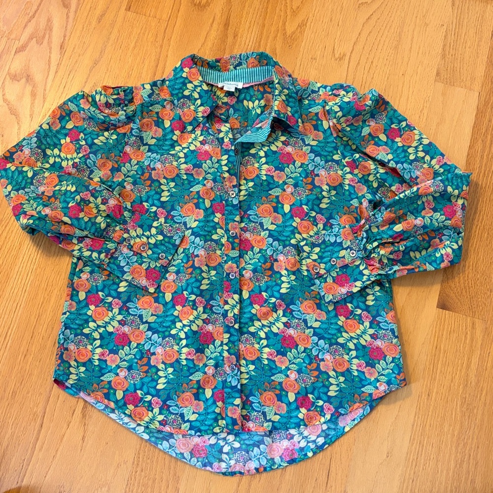 Sundance Rosie Vines Puff Sleeve Button Down Blouse Floral Leaf Print Size MP